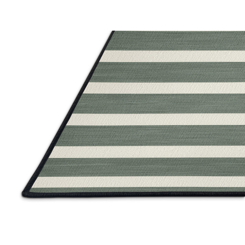 Washable Sage White Striped Area Rug, Square 7'