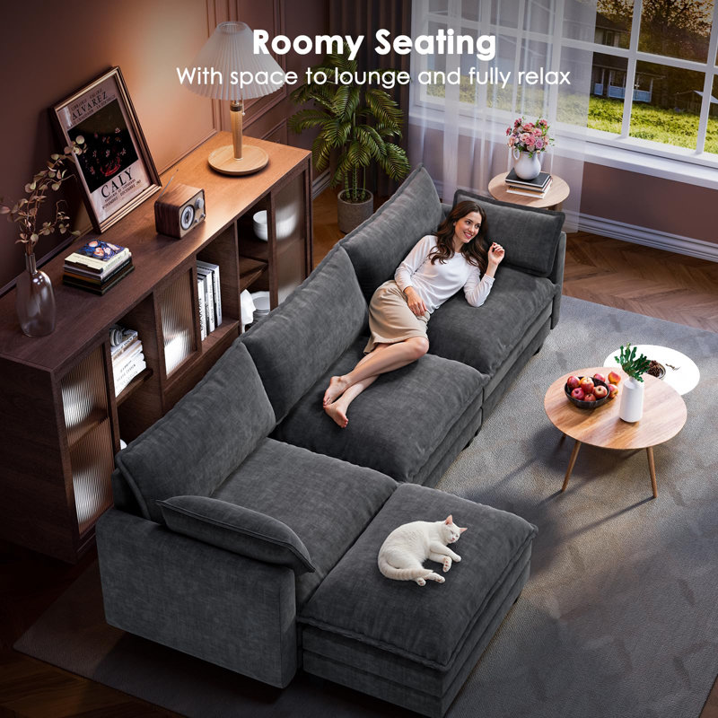 111" Modular Sectional Sofa with 2 Movable Ottomans, U-Shaped Oversized 3-Seat Chenille Cloud Sofa with 5 Pillows for Living Room, Gray