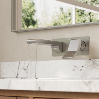 Robinet de lavabo pour salle de bain avec drain et valve Farne inclus, robinets muraux à poignée simple à 2 trous pour lavabo / vasque / baignoire, cartouche en céramique, robinetterie de salle de bain en nickel brossé