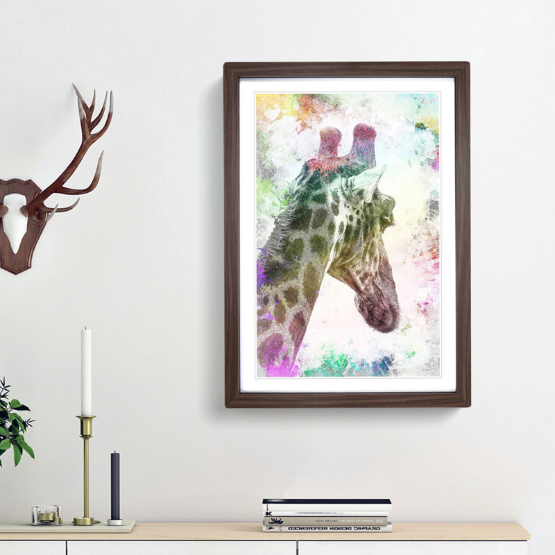 Giraffe Facing the Rainbow in Abstract - Picture Frame Painting Print, Walnut Framed, 36cm H x 27cm W x 2cm D