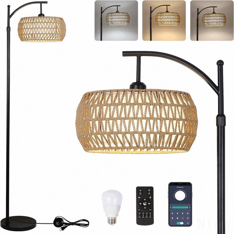 Arc Floor Lamp With Remote Control, Dimmable Led Floor Lamp With 3 Color Temperature, Black Standing Lamp With Rattan & Fabric Double Drum Shade, Farmhouse Tall Pole Lamp For Living Room Bedroom