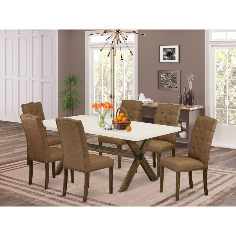 7 Piece Dining Table Set Consist of a Rectangle Dining Room Table with X-Legs and 6 Brown Linen Fabric Upholstered Chairs, Distressed Jacobean