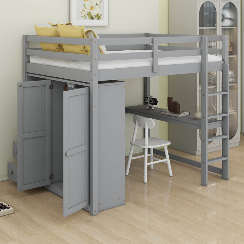 Lit mezzanine en bois pleine grandeur avec garde-robe intégrée, bureau, tablettes de rangement à 2 niveaux et 3 tiroirs, structure de lit mezzanine en bois massif