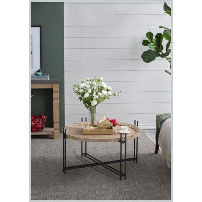 Table basse ronde Farmhouse avec pieds en métal - 32 po x 18 po Style contemporain contrastant pour le salon