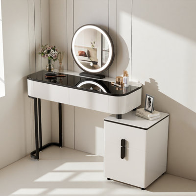 Modern Vanity Table With Tempered Glass Top, Adjustable Height Legs, Multi-Functional Storage Cabinet And Round Mirror