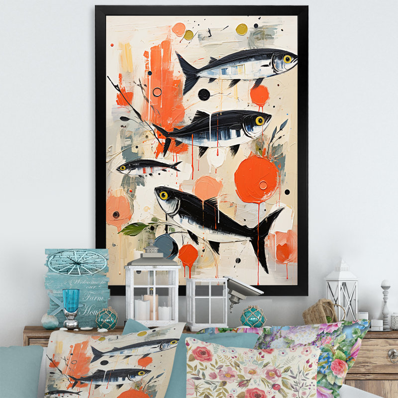 Jadvyga " Abstract Seafood Representation Acrylic ", 40" H x 30" W x 1.5" D, Black Picture Framed