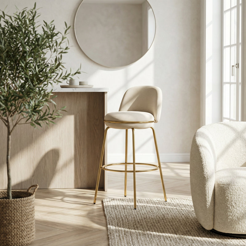 Ensemble de deux tabourets de bar rembourrés en métal avec structure de finition dorée et sièges en tissu beige neutre