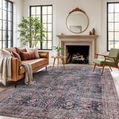 Labarbera Machine Washable Charcoal/Red Non-Slip Backing Area Rug