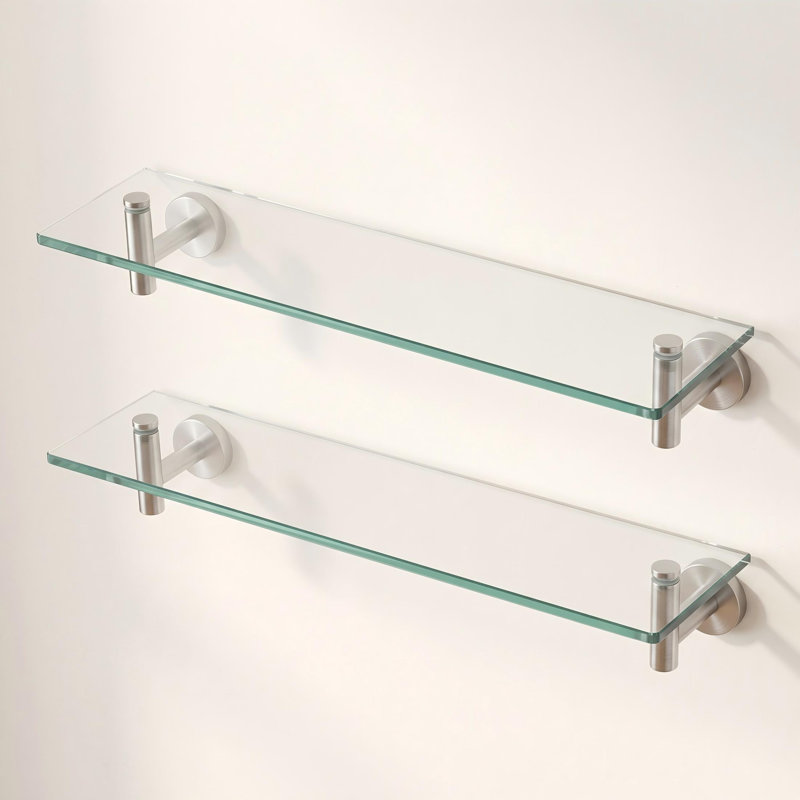 20-Inch Rectangular Bathroom Glass Shelf Glass With Rustproof Metal Bracket 2 Pack Brushed Finish