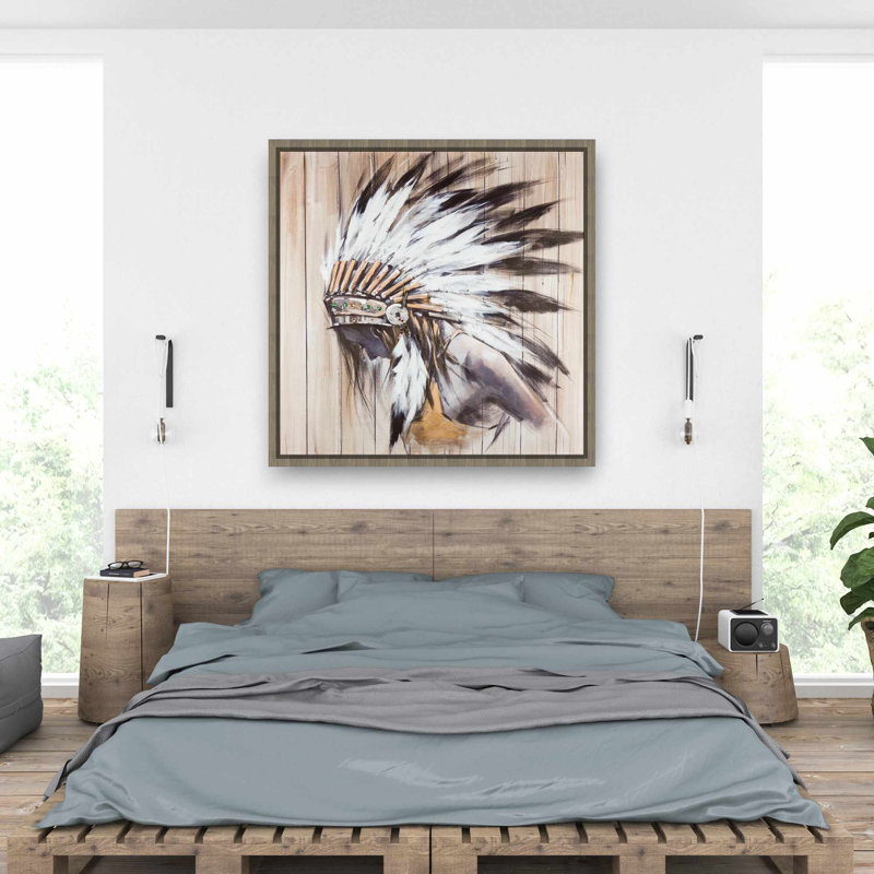 Indian with Feathers - Figurative White Framed Canvas Art