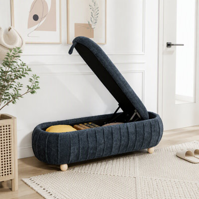Banc de lit d'appoint capitonné de 140 cm de large avec couvercle rabattable et rangement intégré, repose-pieds ottoman en chenille avec pieds en bois d'hévéa