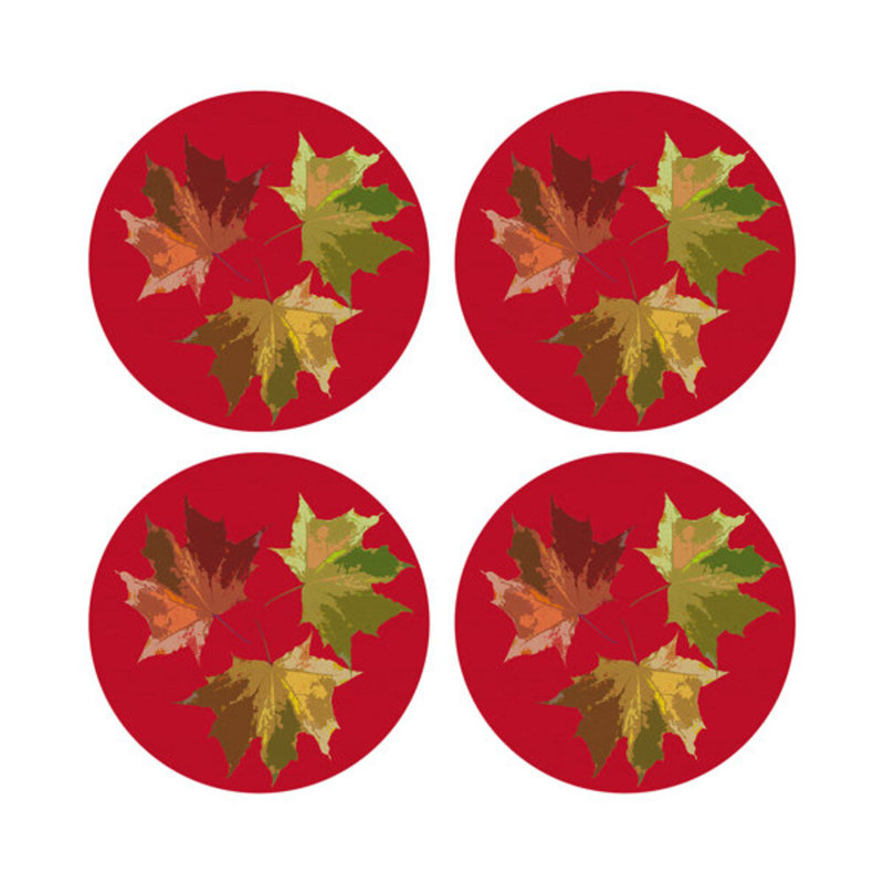 Autumn Leaves Vegan Leather Round Pebble Placemat, Red