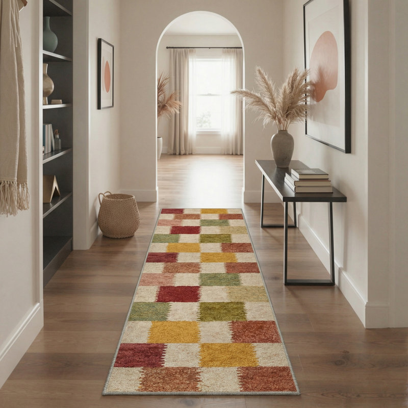 Tessera Checkered Machine Washable Pink / Beige / Yellow / Green Indoor Area Rug with Non-Slip Backing, Runner 2' x 6'