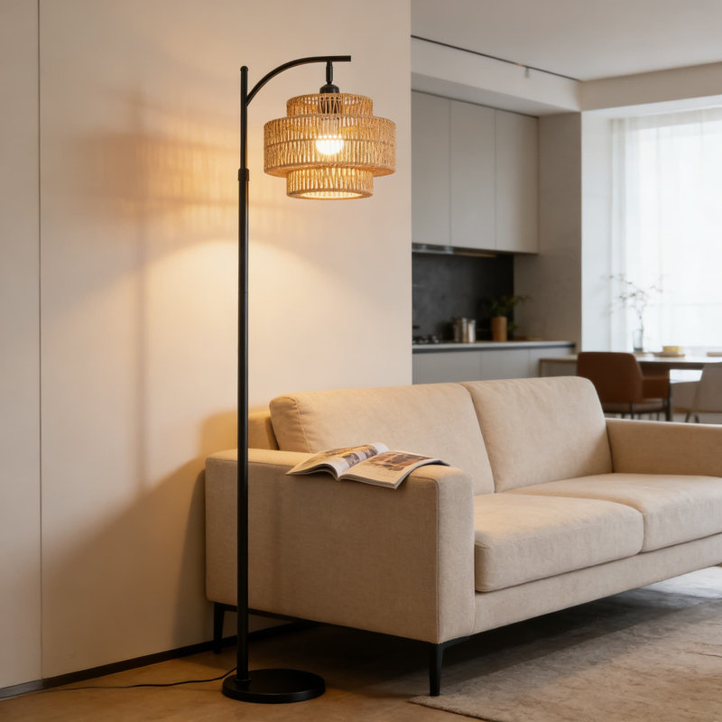 Lampe sur pied moderne avec abat-jour en rotin tissé à la main, conception à 3 niveaux, télécommande avec 3 températures de couleur et éclairage à intensité variable pour le salon, la chambre à coucher ou le bureau