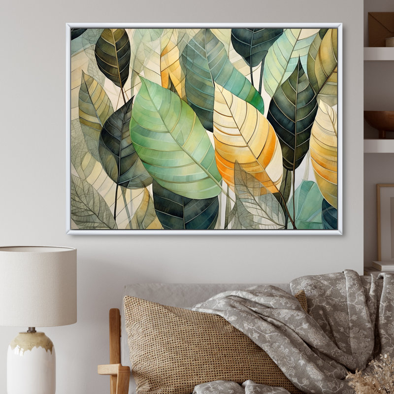 Feuilles vertes et jaunes tranquillité sur toile, H 16 po x l 32 po x P 1 po, Cadre flottant blanc
