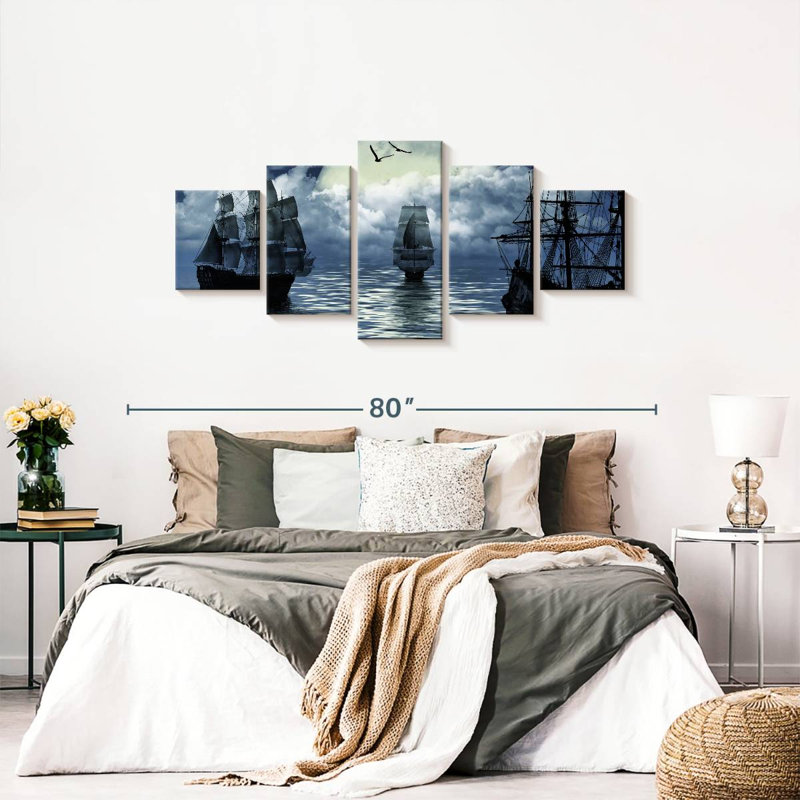 Vieux bateau à voile sur toile 5 pièces, H 68 po x l 30 po x P 1,25 po