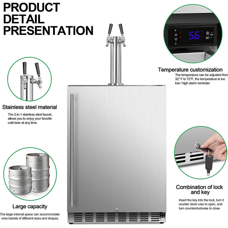 IceJungle 6.04 Cubic Feet Silver Outdoor Dual Tap Half Barrel (Full Size) Freestanding Kegerator with Door Lock and