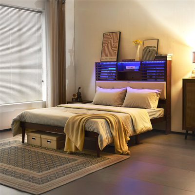 Base de lit en bois de luxe avec tête de lit tapissier à DEL, station de charge