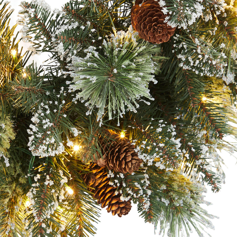 Pre-Lit Artificial Christmas Wreath - 24in with 50 Warm White LED Lights, Pine Cones, Frosted Departments, Battery Operated, Indoor/Outdoor Holiday Decor for Front Door, Wall, Window