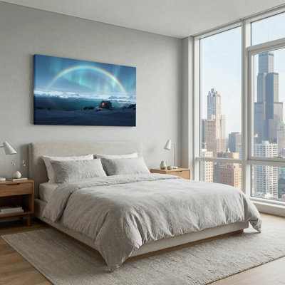 «Snowy Mountain Cabin Under Rainbow And Aurora Borealis», art mural sur toile 47 x 24 x 1,5 po