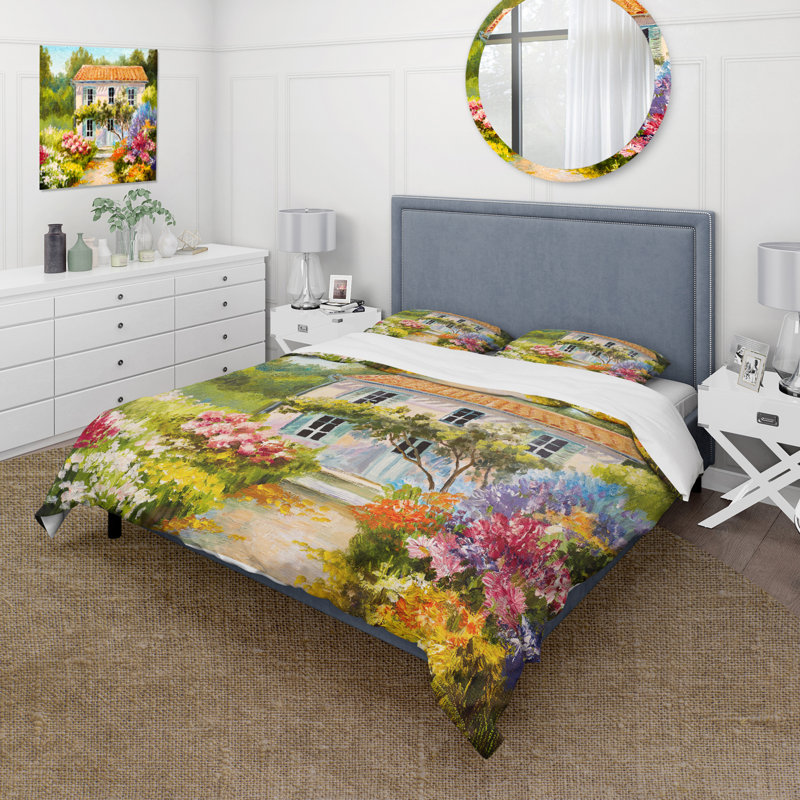«Little House On The Mountain With Flowers II» - Ensemble de housse de couette traditionnel - Microfibre de polyester