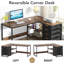 Bureau d'ordinateur en L avec tiroirs et tablettes de rangement, poste de travail de coin réversible