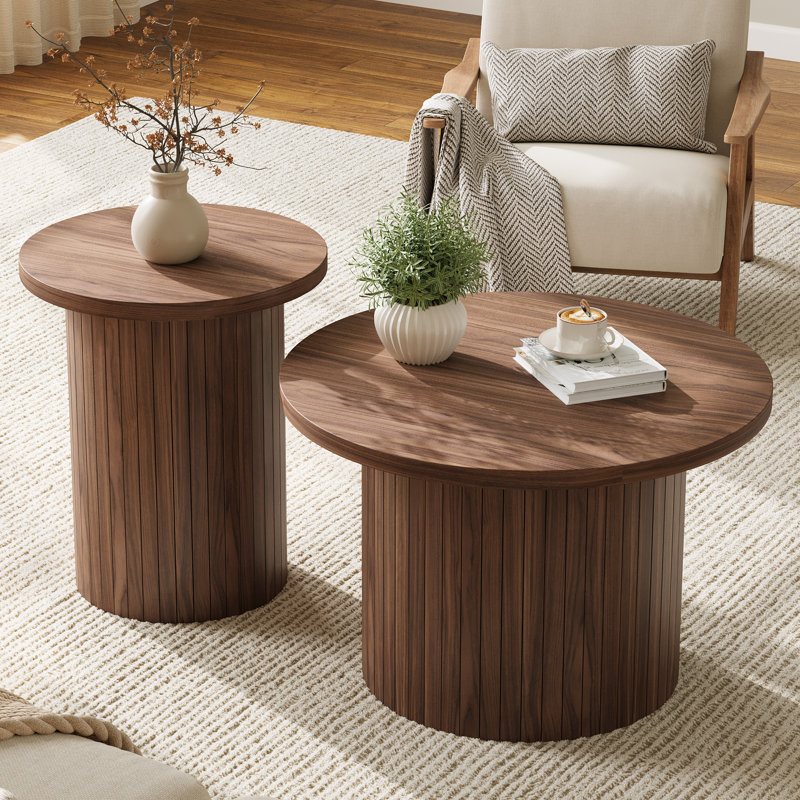 Ensemble de tables basses gigognes Dulane, fini bois rustique, noyer, Walnut