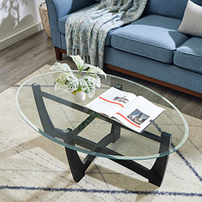 48 Inch Oval Glass Coffee Table Round Coffee Table Centre Table With Glass Top, Small Coffee Table For Living Room, Office And Apartment