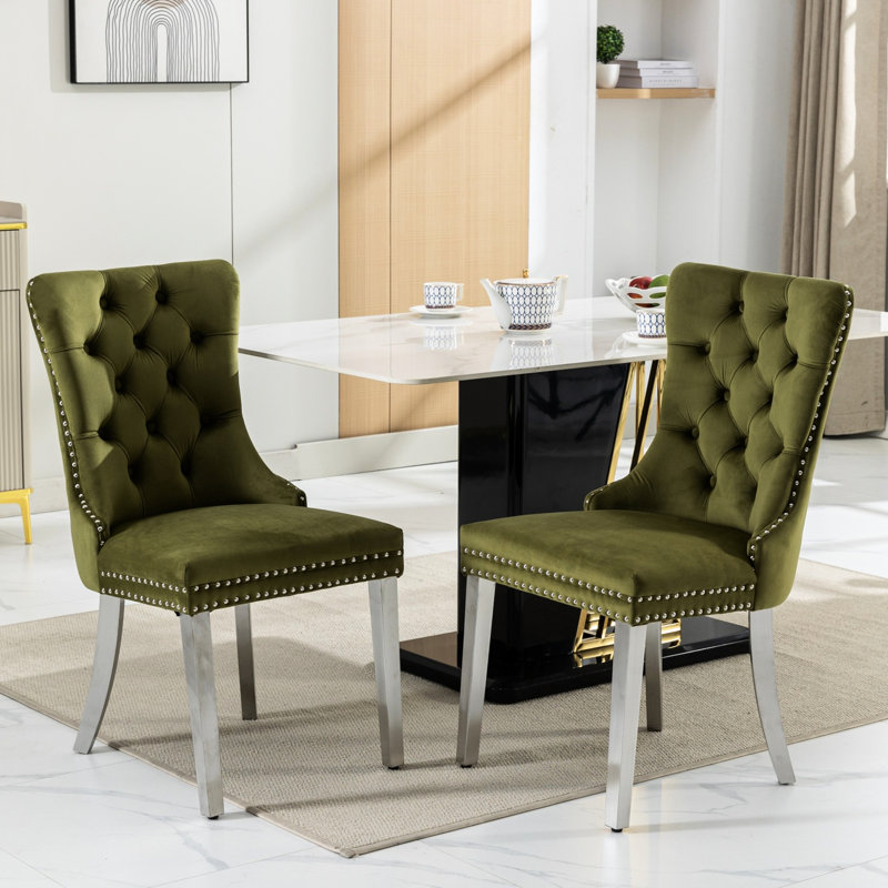Chaise de salle à manger en velours, 2 chaises, olive, pieds en acier inoxydable chromé, ressorts, pièces rembourrées Sw1701ol, velours olive, coussin à ressorts,