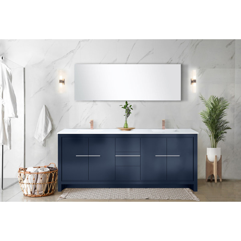 Meuble-lavabo double blanc 80 po L 20 po avec robinet en marbre de culture et or rose - Armoire de salle de bain à deux tiroirs