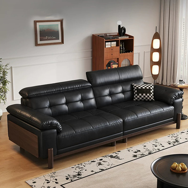 Canapé modulaire noir en cuir véritable, 40.55" H x 102.36" W x 40.16" D, Black