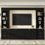 Console média arquée noire, meuble télé 106 pouces et unité de divertissement, rangement polyvalent avec tablettes ouvertes à grain de bois à ouverture lisse, fonctionnel pour le salon, bien conçu-1145793759
