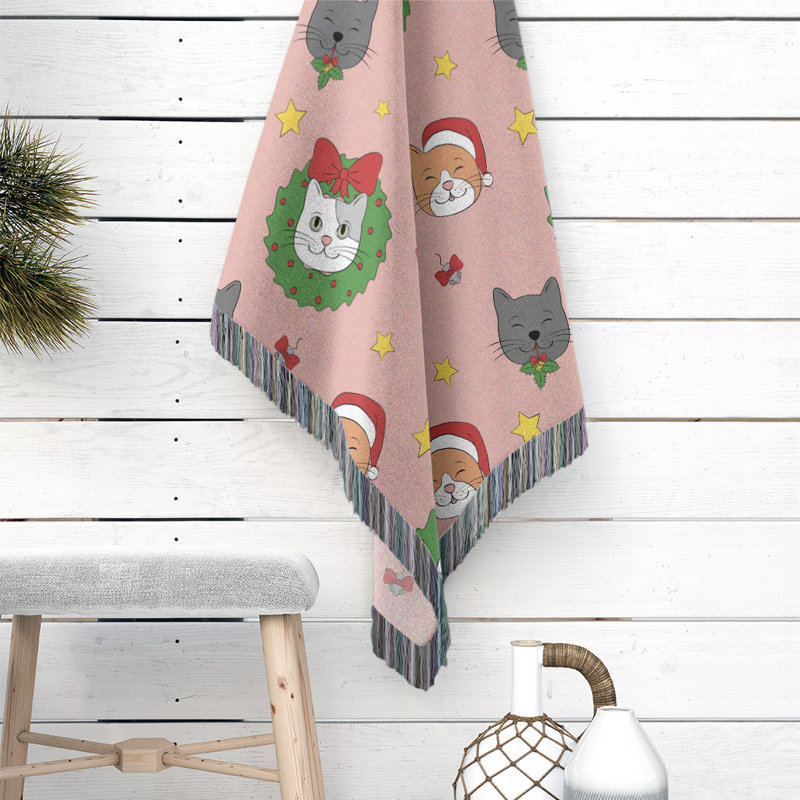 Hand Woven Throw Blanket, 60" W x 80" L, Pink/Gray, Christmas Cats