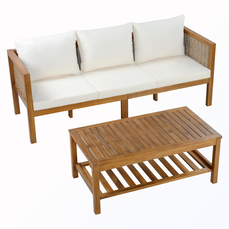 Ensemble de conversation de patio 3 places avec canapé et table basse, Beige