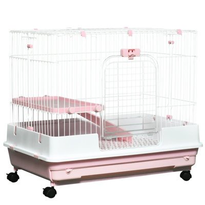 Cage à 2 niveaux avec roulettes, plateau amovible, plateforme et rampe pour lapin Pawhut