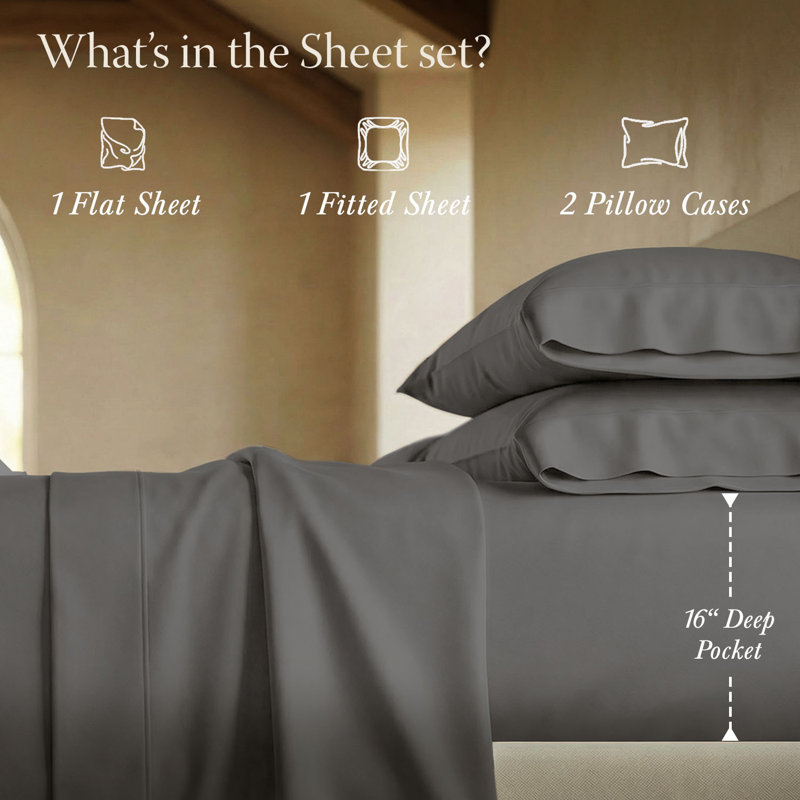 Threadmill 800 Thread Count 100% Cotton Sateen Sheet Set, Queen Sheet Set with 2 Pillowcases, Dark Gray Solid