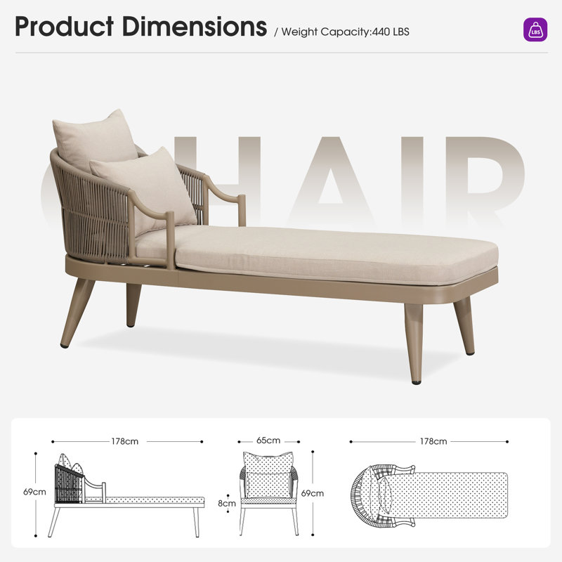 Chaise longue d'extérieur PURPLE LEAF, chaise longue de patio avec assise rembourrée et accoudoirs confortables, chaises longues de piscine ergonomiques en aluminium pour terrasse et bord de piscine.