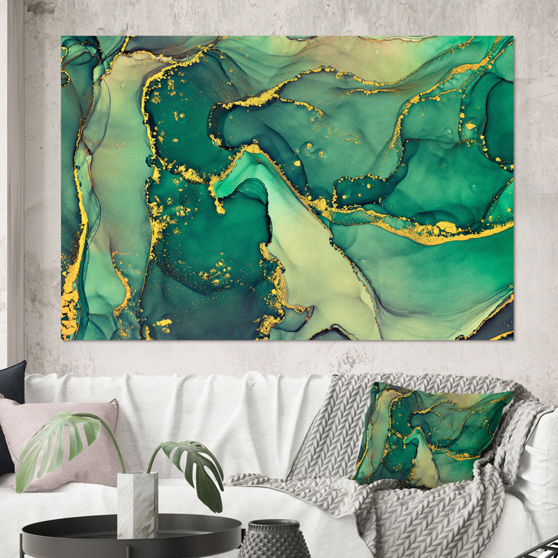 Turquoise et or luxueux abstrait fluide I - peinture sur toile, H 40 po x l 60 po x P 1,5 po, Toile tendue