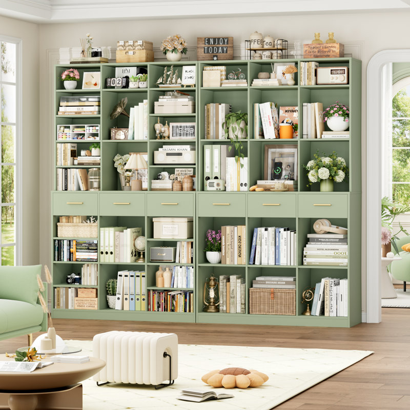 75"H Wood Storage Bookcase with Adjustable Shelves, Green/Gold