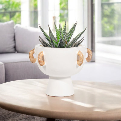 Bol décoratif rond à piédestal avec poignées en rotin tissé à la main - Bol décoratif moderne pour comptoir de cuisine ou de maison - 9 po