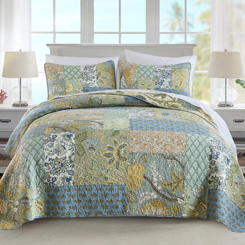 HoneiLife Green Classic American Cotton Handmade Patchwork 3-Piece Queen Size Quilt Sets, Blue/Green