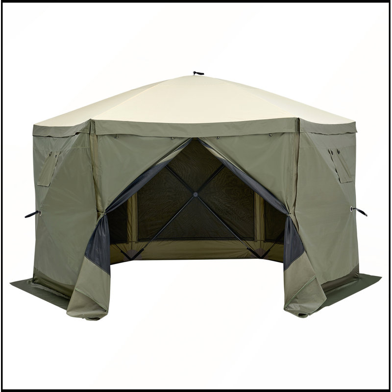 Abri de soleil à auvent à 6 côtés 12 x 12 pi avec pare-vent d'intimité et fenêtres en filet, Vert