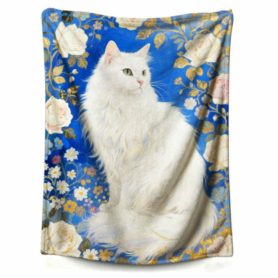 Blanket White Cat and Rose Throw Blankets Gifts for Adult Warm Soft Plush Lightweight Flannel Fleece All Season Couch Sofa, 40 x 50 inComes with a canvas bag with cat print as a bonus