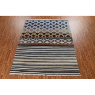 Tapis gris / rouge / bleu en laine noué à la main de conception unique 7 pi 10 po x 9 pi 9 po New Age