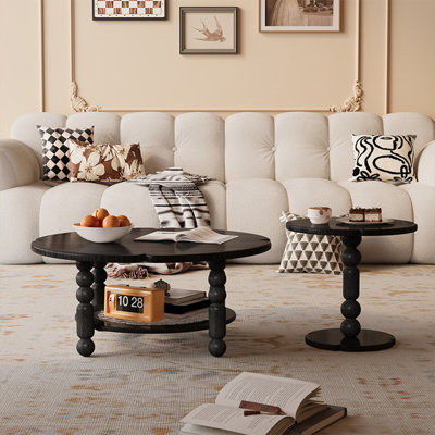 Table basse ronde noire en bois massif et verre