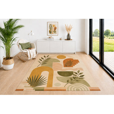 Tapis de style Mid-Century 5 pi x 7 pi, formes géométriques botaniques avec palette beige vert moutarde terre cuite moutarde, tapis de sol pour chambre d'enfant