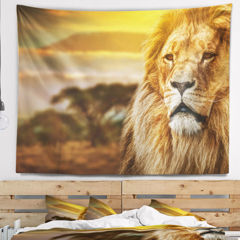 Lion et mont kilimandjaro tapisserie Animal, H 32 po x l 39 po