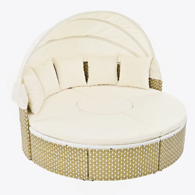 Patio Outdoor Sectional Sofa Set Rattan Daybed Two-Tone Weave Sunbed With Retractable Canopy