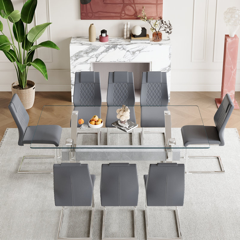 7-Piece Glass Top Dining Table Sets, Gray/Silver, Silver