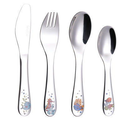 Childrens Cutlery 4Pcs Set Stainless Steel/Kids Cutlery/Toddler Utensils/Flatware - 1 X Fork, 1 X Safe Dinner Knife, 1 X Dinner Spoon, 1 X Dessert Spoon - Sea Creatures